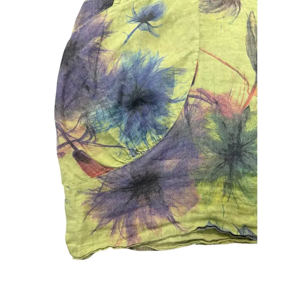 Green 100% Italian Linen Watercolor Floral Lagenlook Hobo Grunch Dress 0S Bubble